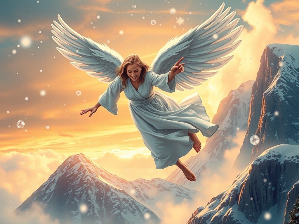 Angel Falls from Heaven Near Snowy Mountain at Dawn