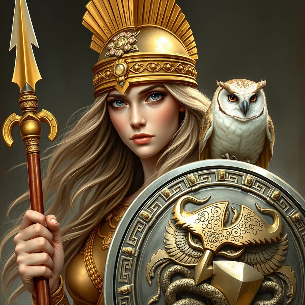 Classical Goddess Athena with Golden Helmet and Spear in Han...