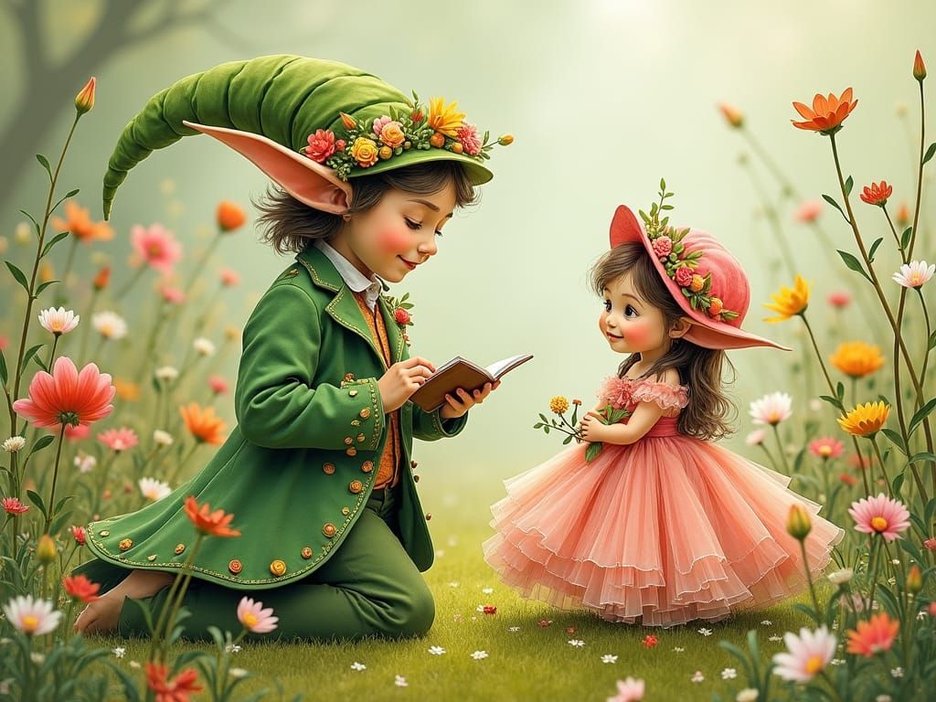 Flower Elf Fashion Designer in Storybook Illustration Style