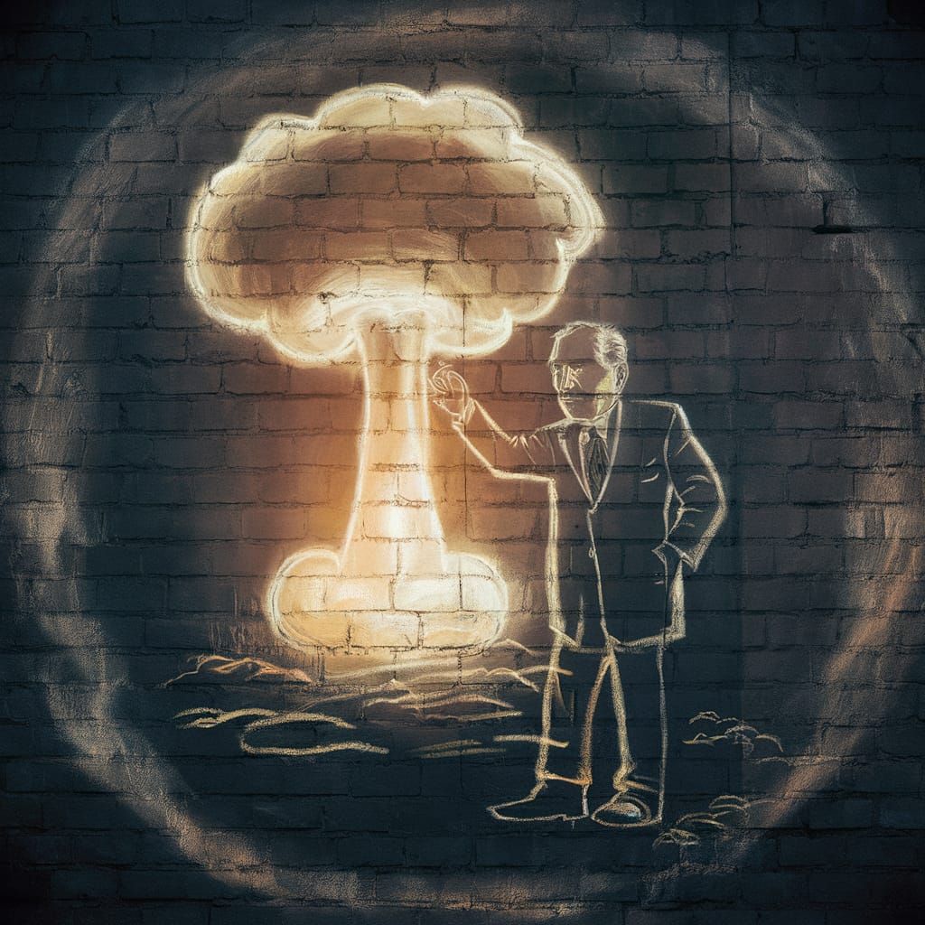 Oppenheimer Mushroom Cloud Chalk Art on Brick Wall
