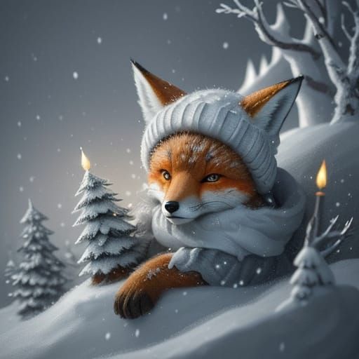 Whimsical Fox in Snowy Den with Paintbrush