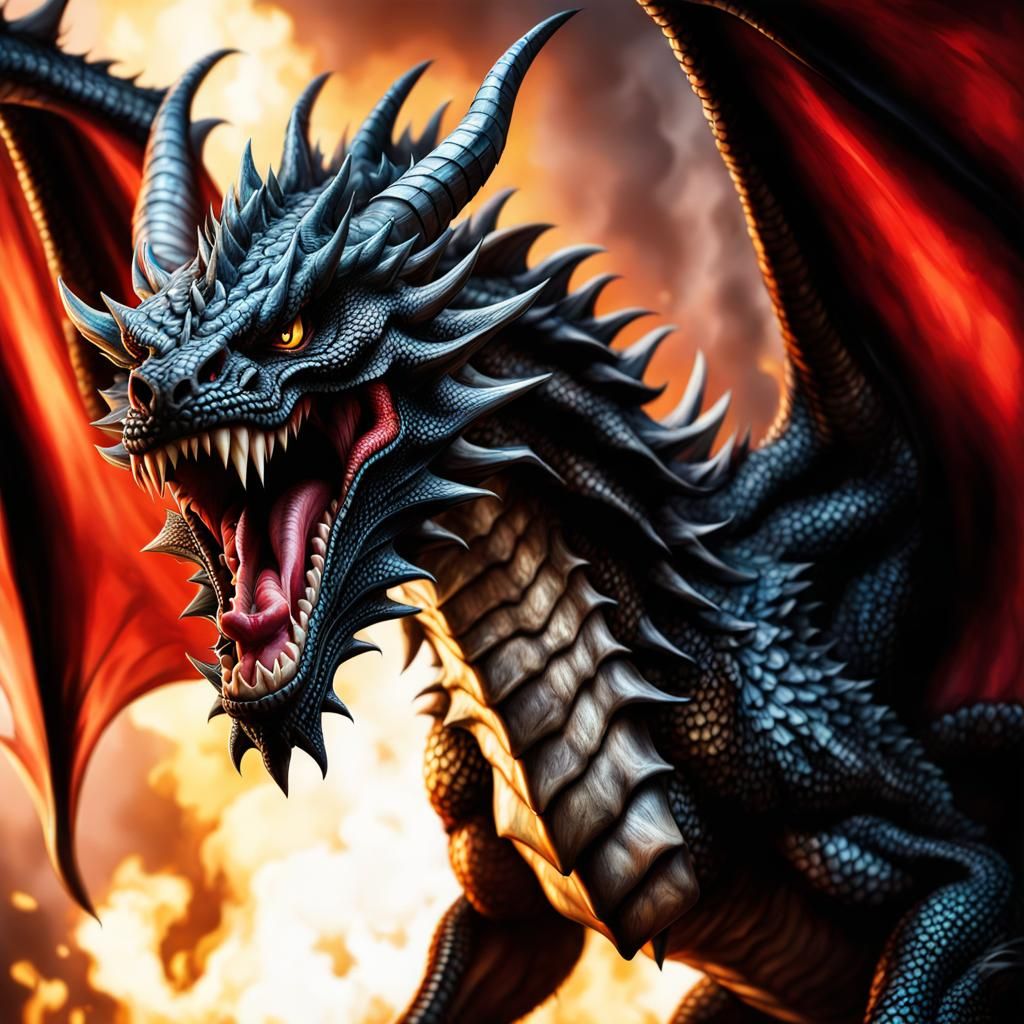 Black Dragon with Open Wings in Surrealist Art