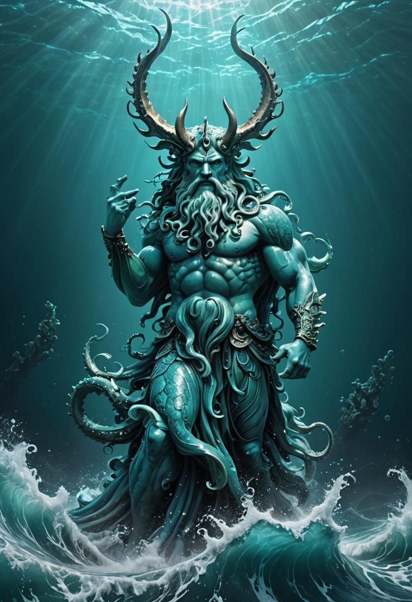 Intimidating, Hyper-Realistic Poseidon: Oceanic Creature Art