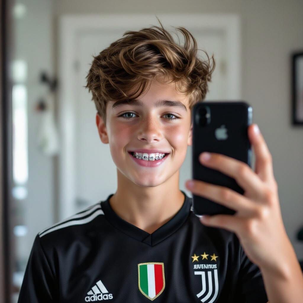 Teenage Boy in Juventus Jersey Takes Mirror Selfie