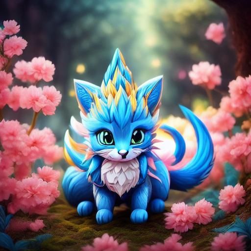 Colorful Chibi Kitten at Play in a Whimsical Scene