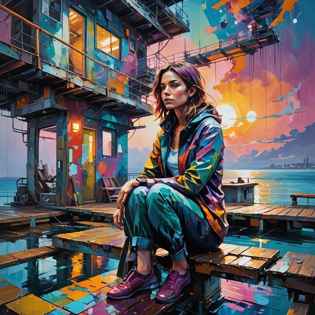 Woman in Futuristic House: Colorful Oil Painting
