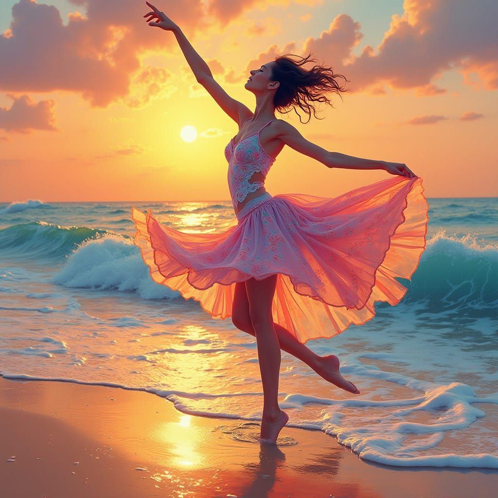 Surreal Ballerina Dancing on Vibrant Beach at Sunset