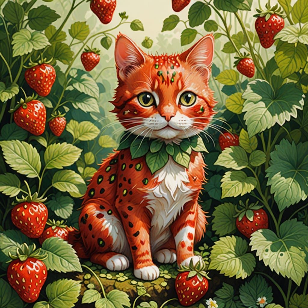 Whimsical Strawberry Cat in Fantastical Folk-Art Style