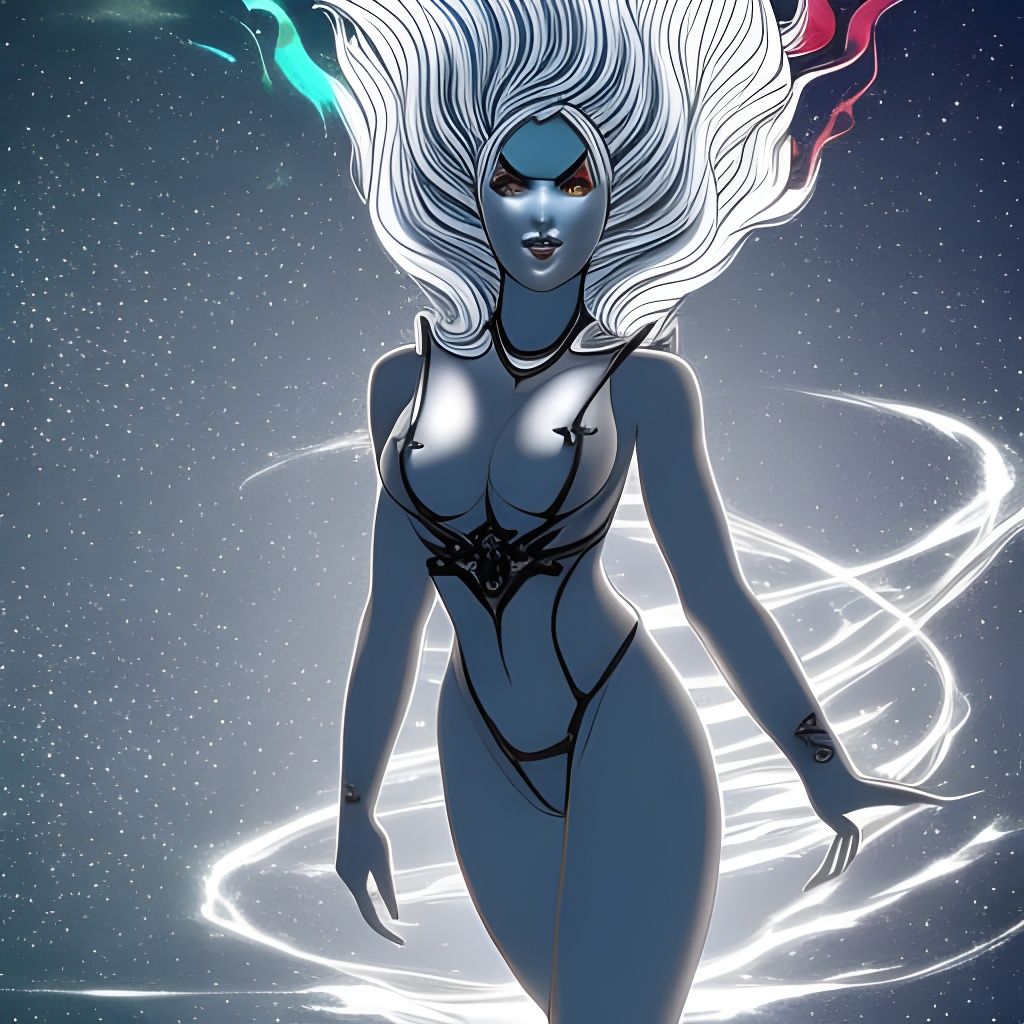 Green Goddess with Flaming Hair in Cosmic Scene