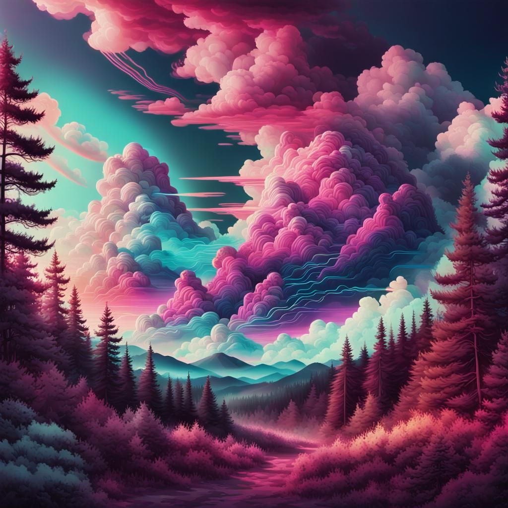 Vaporwave Landscape with Retro Graphics and Neon Clouds
