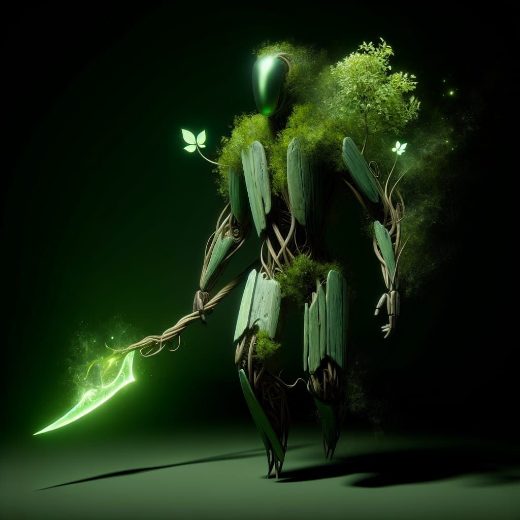 Lush Green Wood Creature with Futuristic Sword