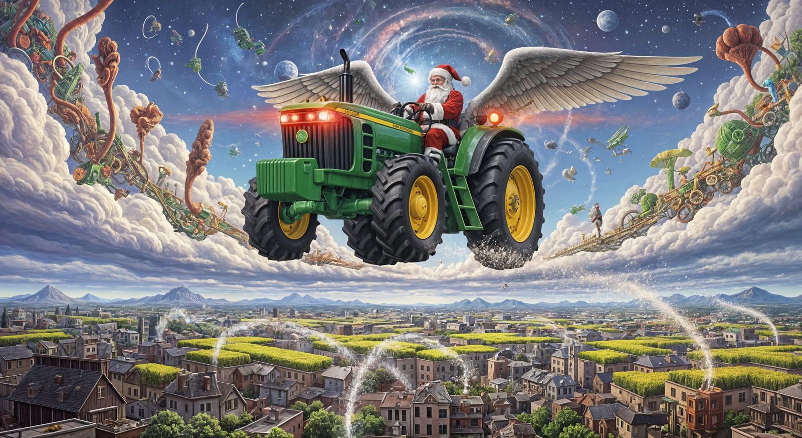 Santa Flies John Deere Tractor Crop Dusting Houses in Psyche...