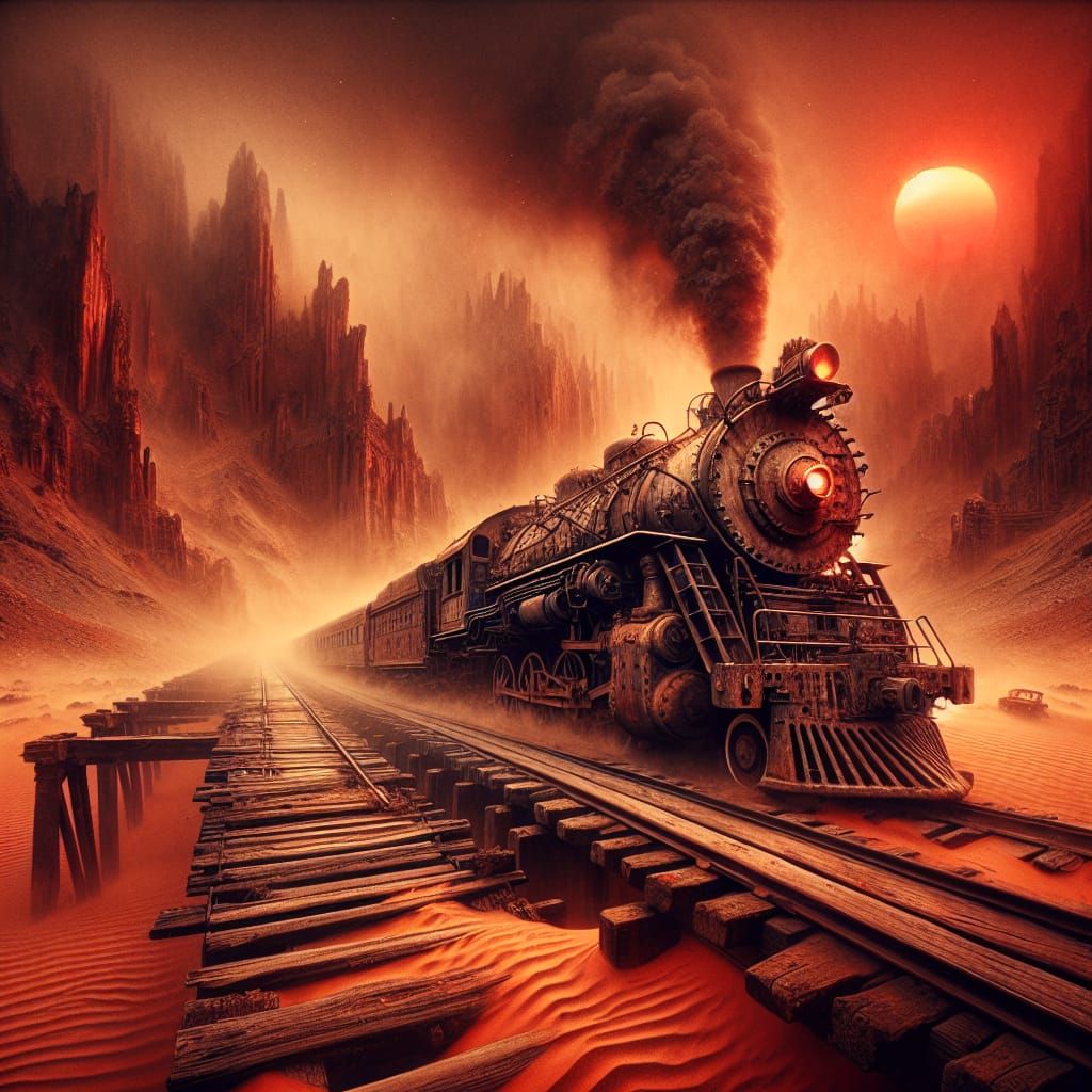 A train chugs through a barren desert.