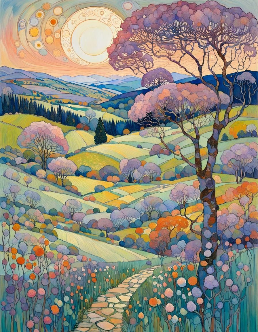 Intricate Spring Landscape in Pastel Ink and Watercolor