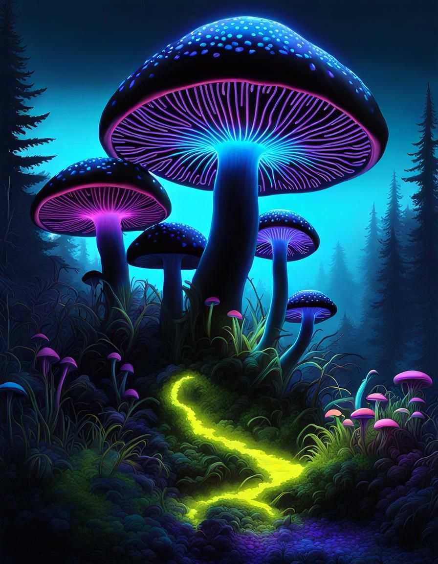 Bioluminescent Mushroom in Blacklight Fantasy Landscape