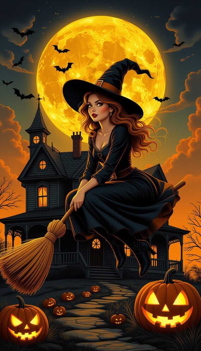 Cute Witch Flies Over Haunted House in Moonlight