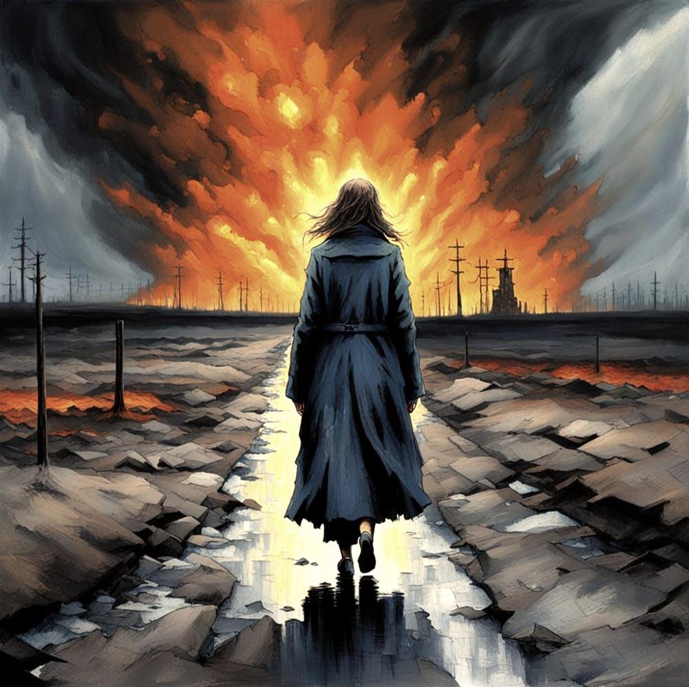Woman Walks Towards Nuclear Blast in Watercolor
