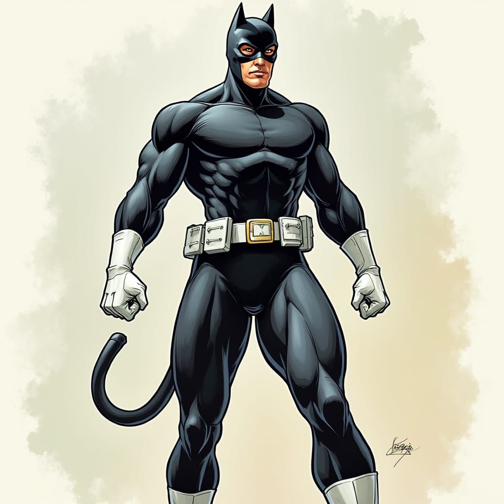 Athletic Man in Cat Mask, Comic Book Art