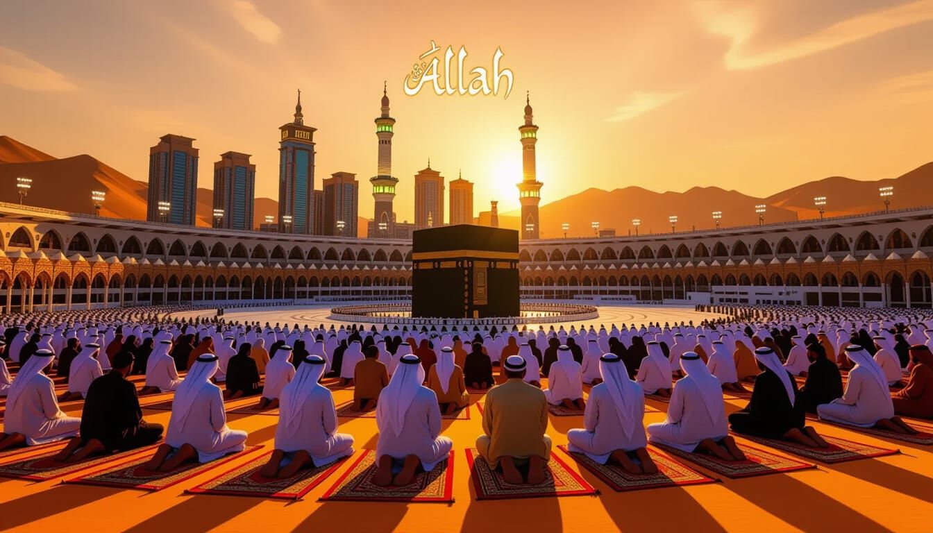 Epic Desert Prayer Scene Facing Kaaba in Futuristic Mecca