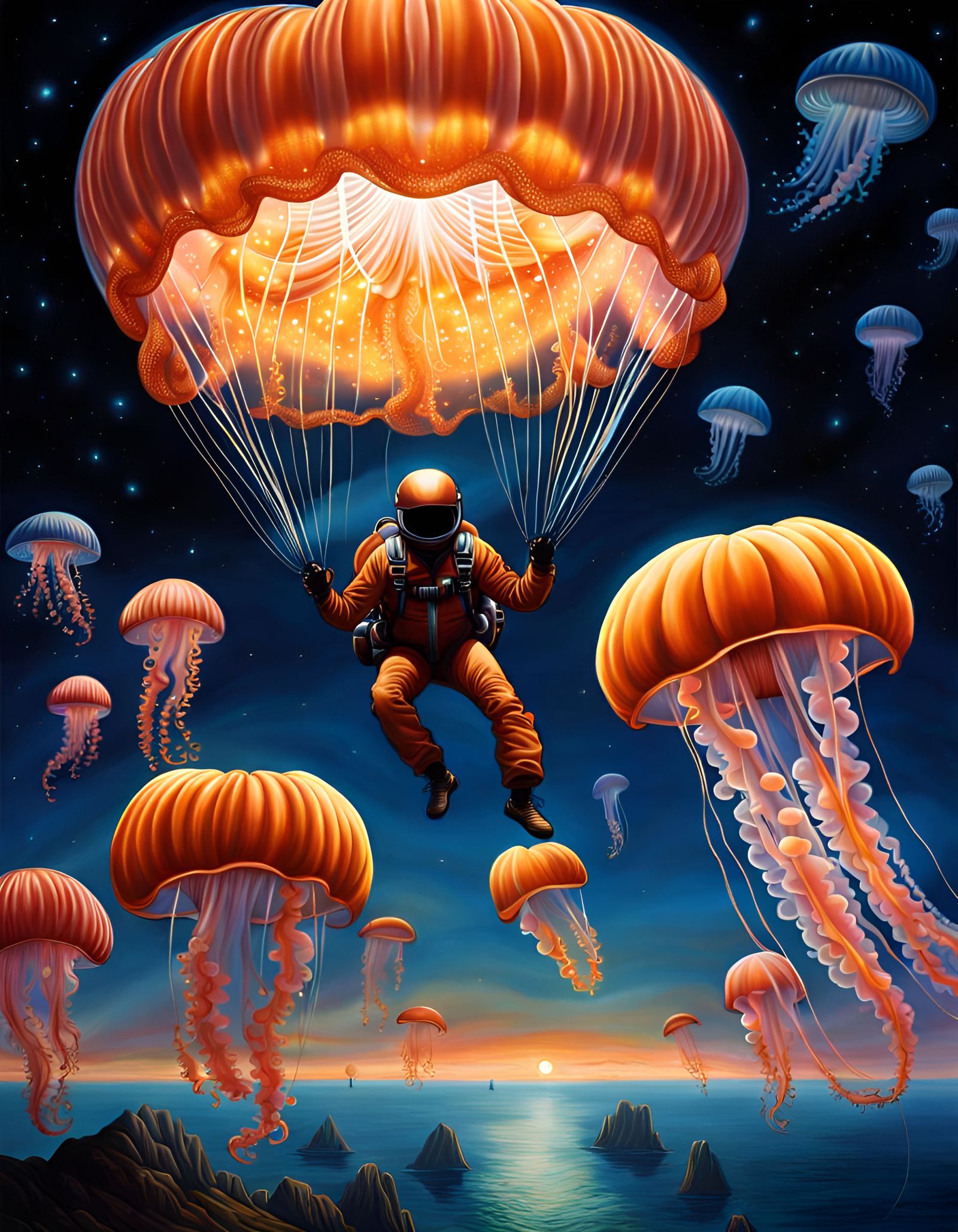 Luminescent Jellyfish Skydiving: Hyperrealistic Night Scene