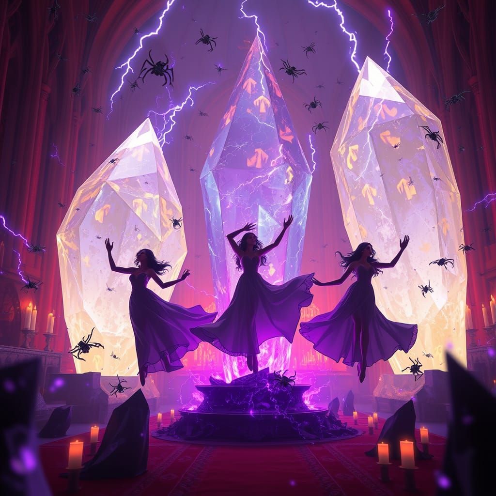 Crystals Float in Red Cathedral: Dark Fantasy Art