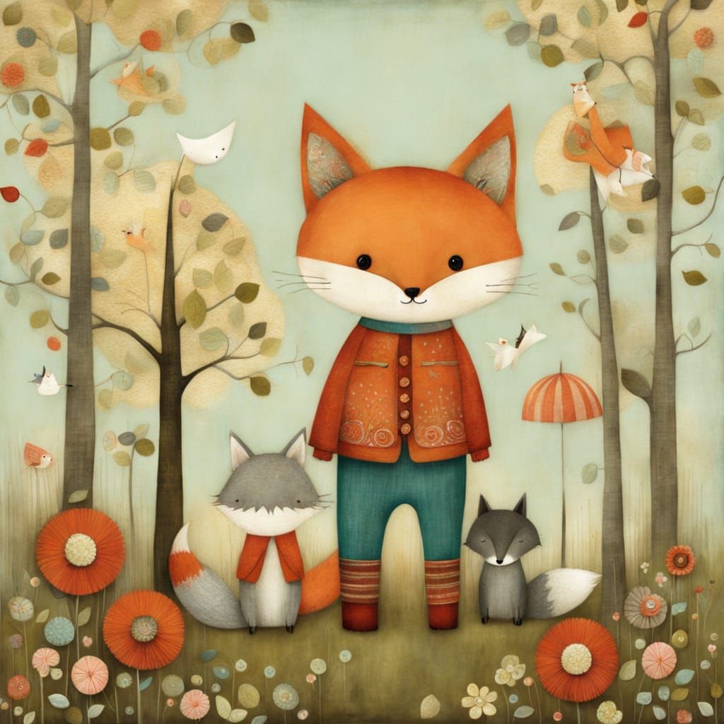 Whimsical Foxes in Folk Art Illustration
