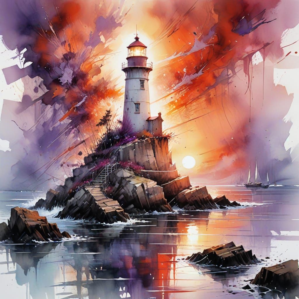 Stormy Sunset Lighthouse Elegy in Watercolour Style