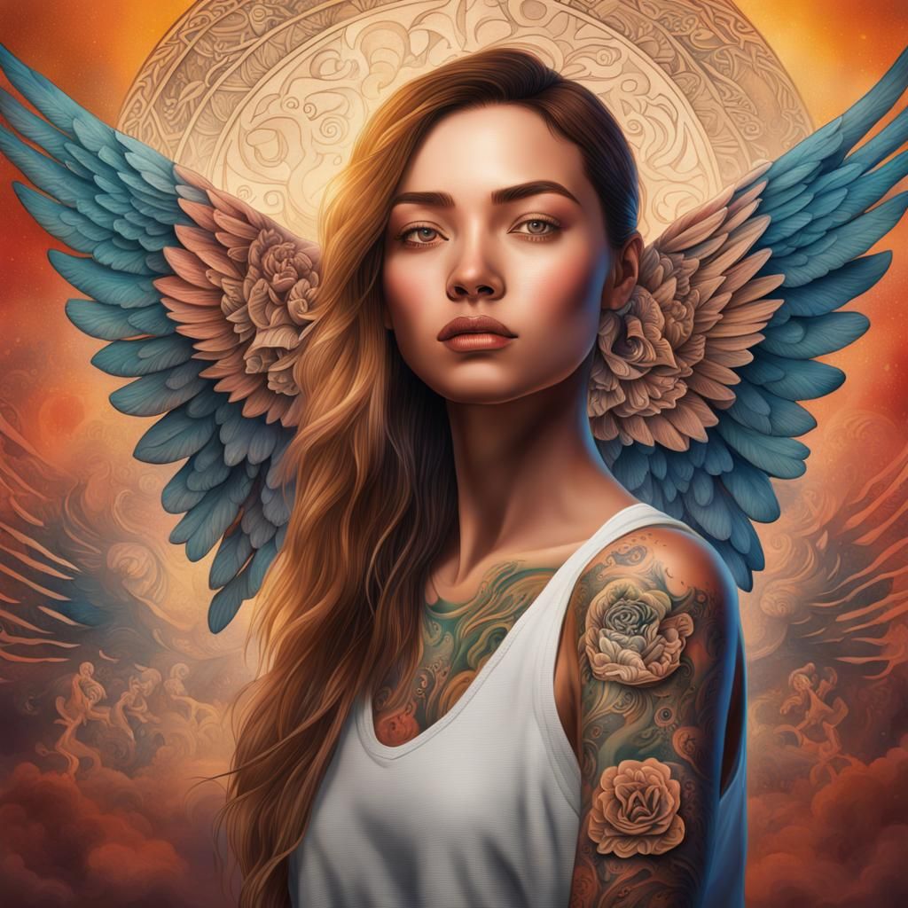 Tattooed Woman Posing: Hyperrealistic Splash Art
