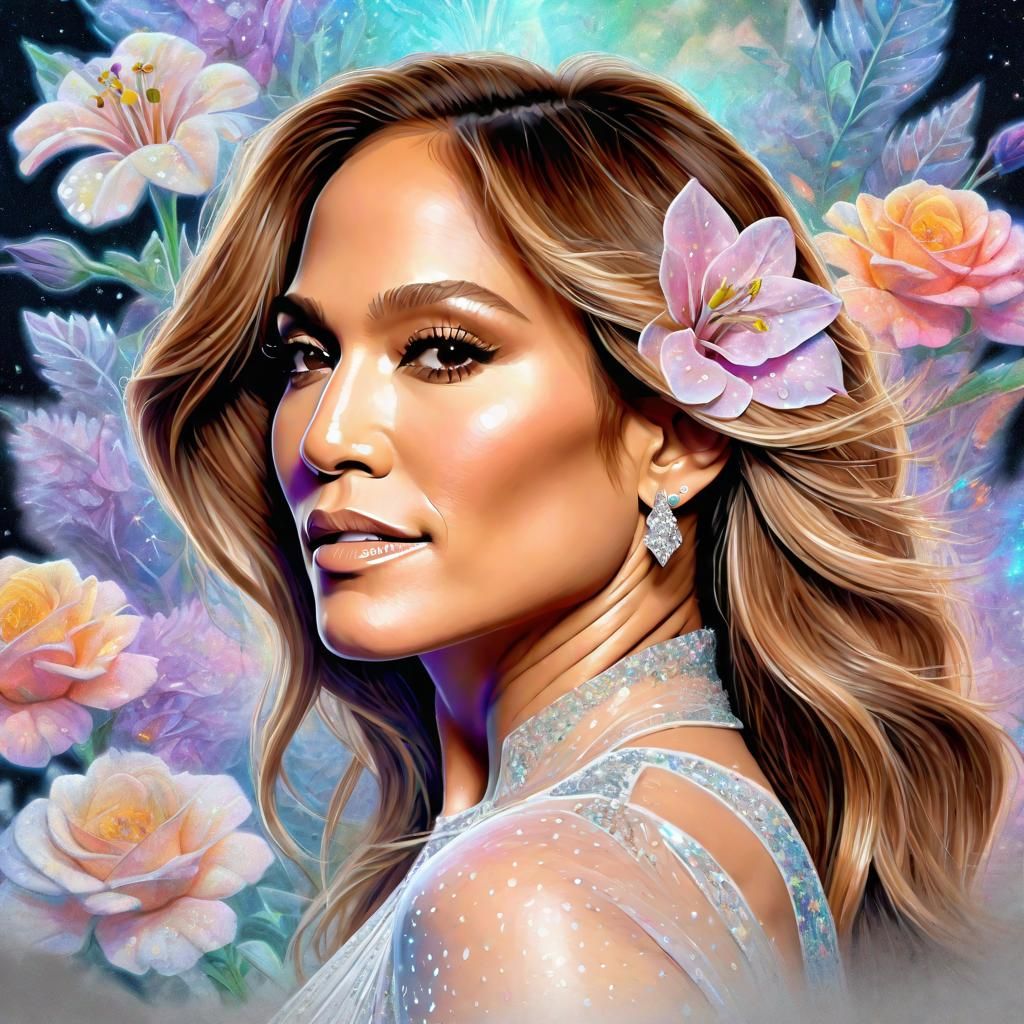 Ethereal Portrait of Jennifer Lopez with Flowers