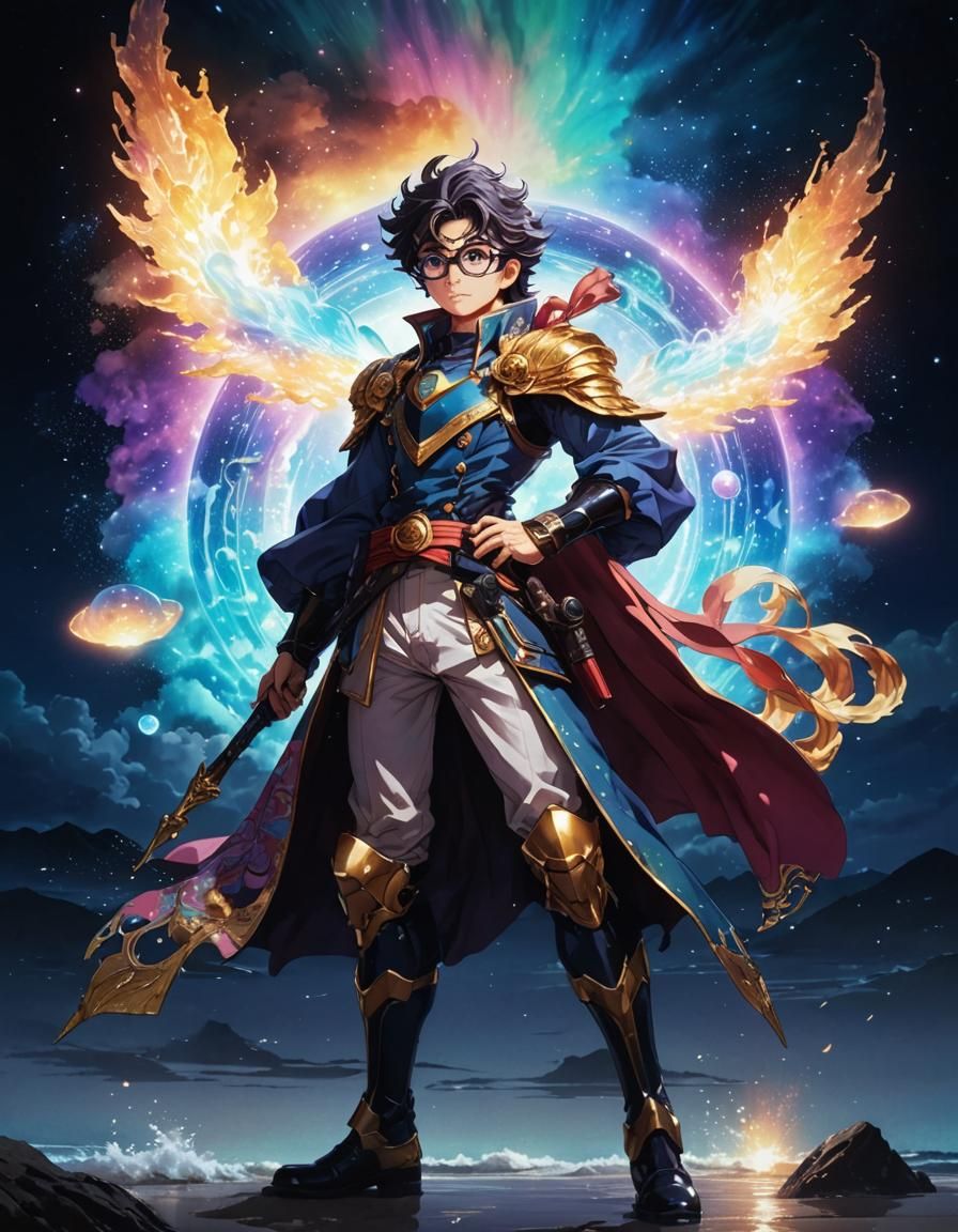 Anime Hero on Magical Beach with Cosmic Sky