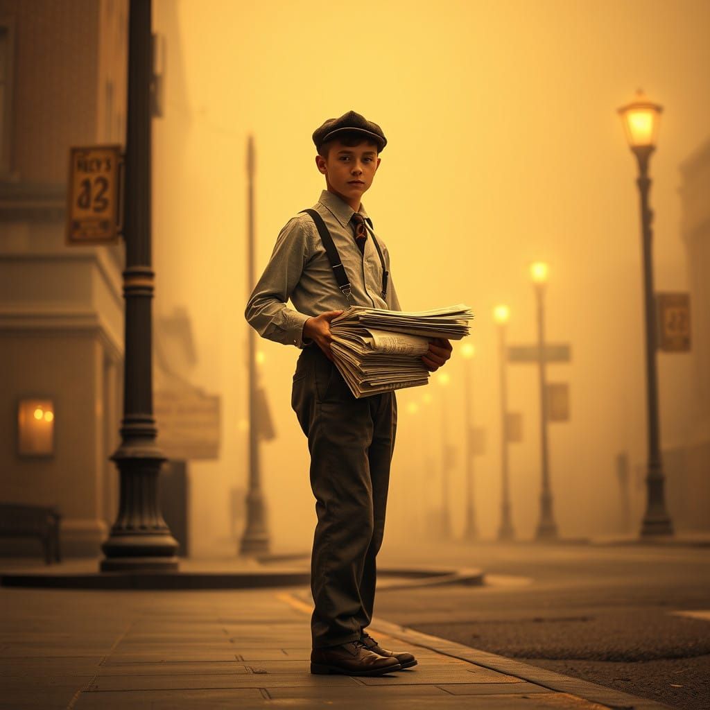 Vintage Newsboy on Foggy Street Corner
