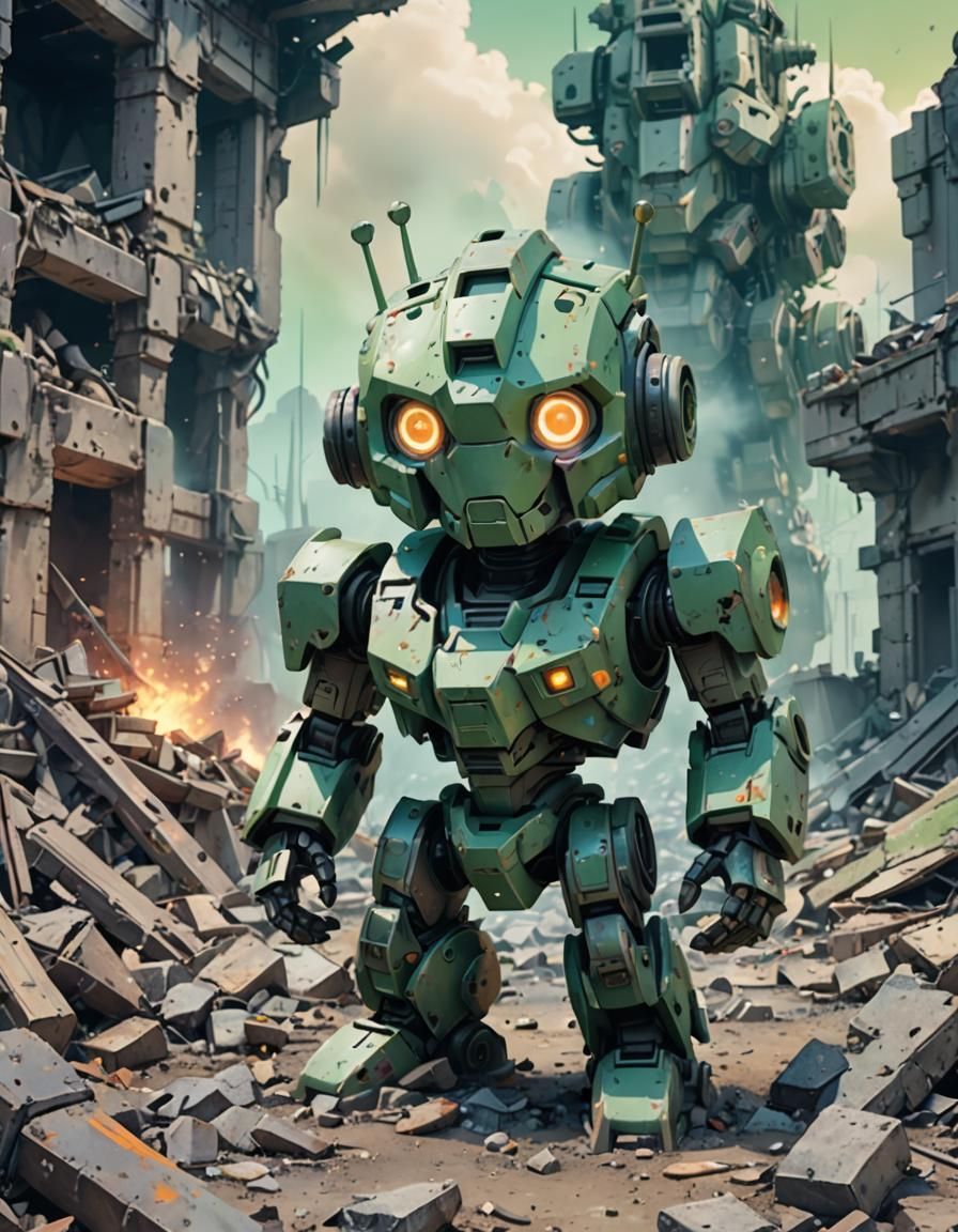 Chibi Kawaii Robot in Post-Apocalyptic Ruins