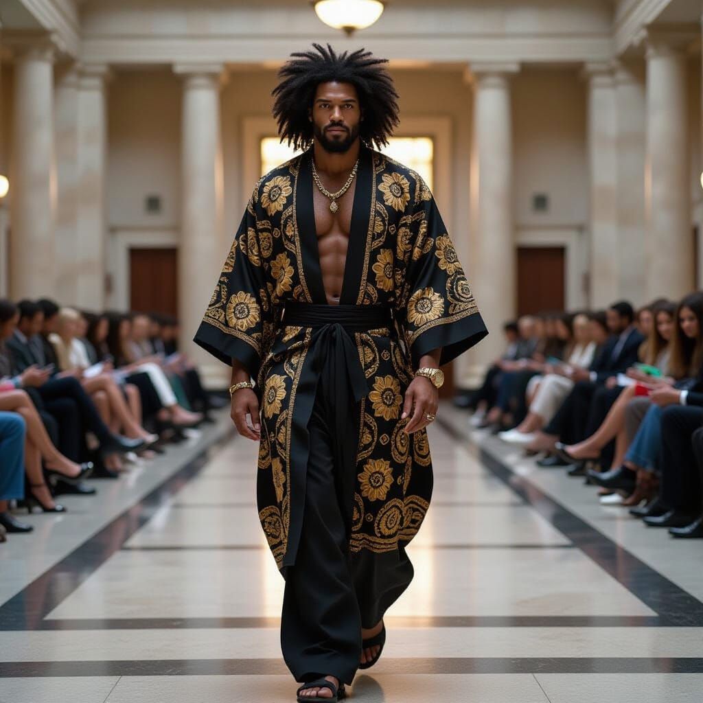 Tarzan as Senator in African Kimono, Walking in Library