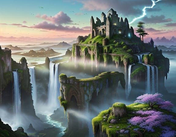 Airbrushed Fantasy Landscape with Floating Islands