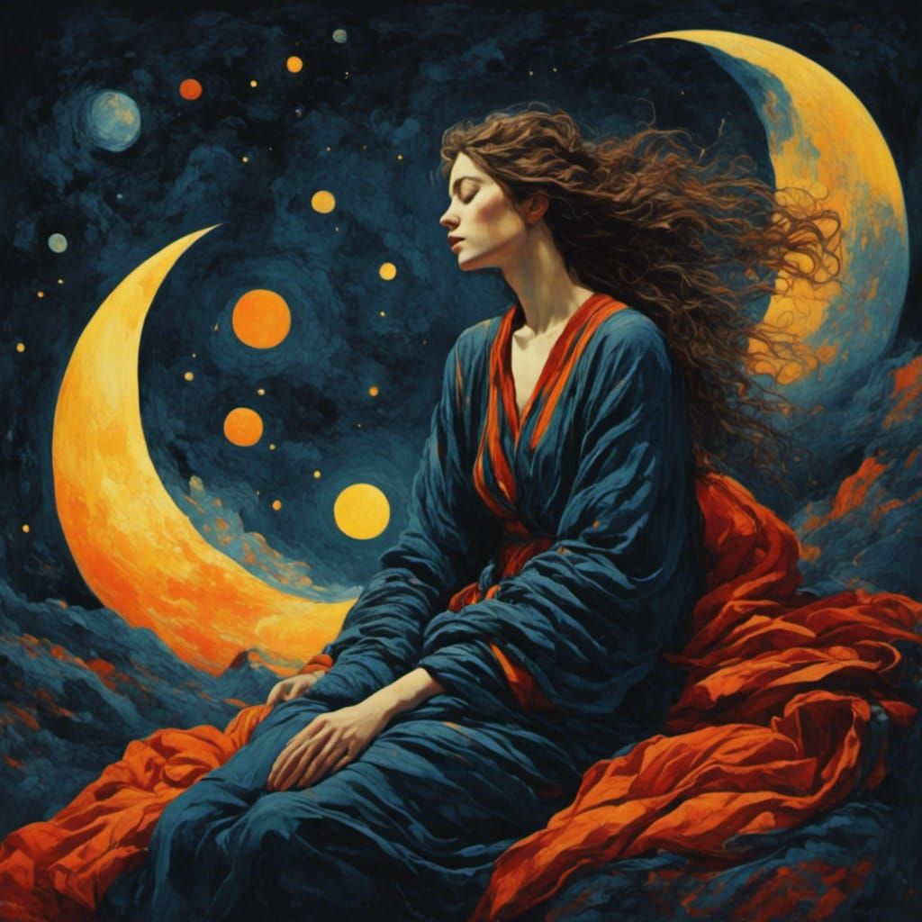 Woman Sleeping in Cosmic Dreamscape in Palekh Style