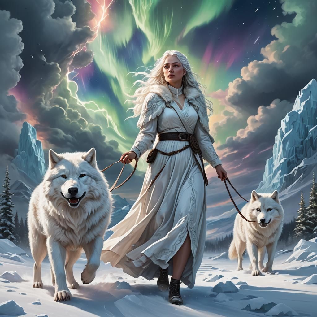 Winter Portal: Woman with Wolf in Aurora