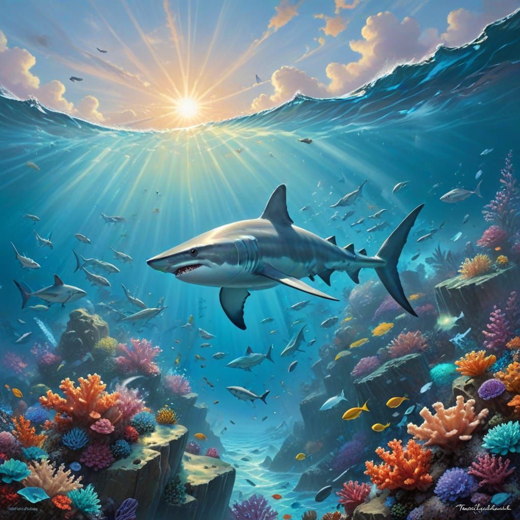 Thresher Shark Drifting Over Coral Reef