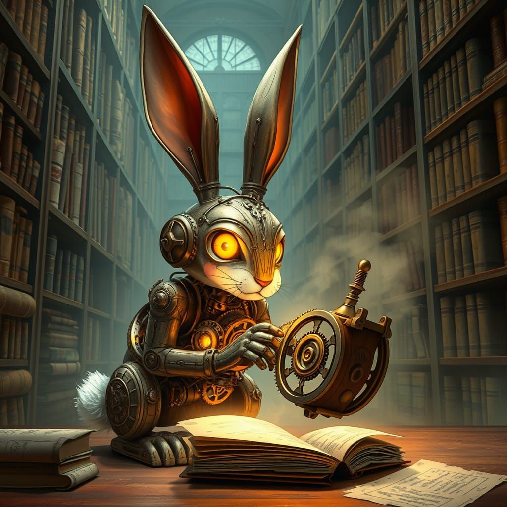 Steampunk Automaton Rabbit Explores Enchanted Victorian Libr...