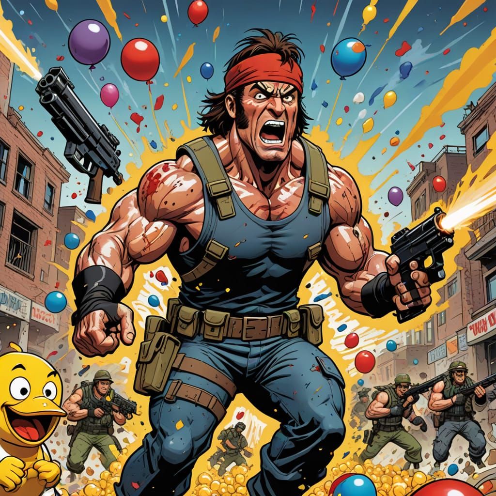 "A 3D cartoon-style parody of the iconic Rambo character, ex...