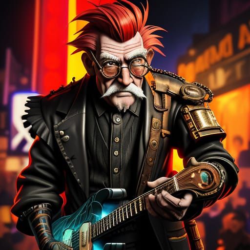 Steampunk Rocker Shreds Guitar in Vibrant Street Art