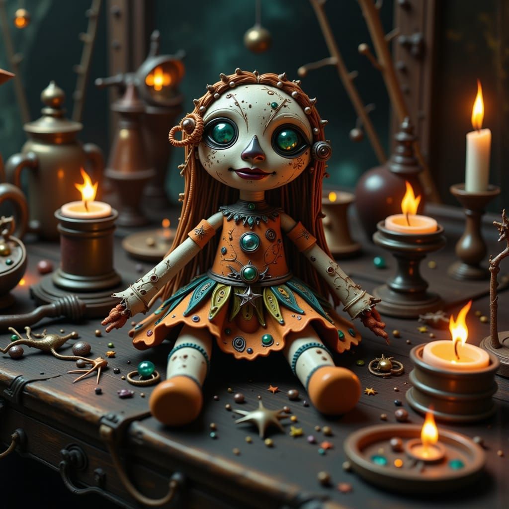 Eerie Voodoo Doll with Candles and Herbs