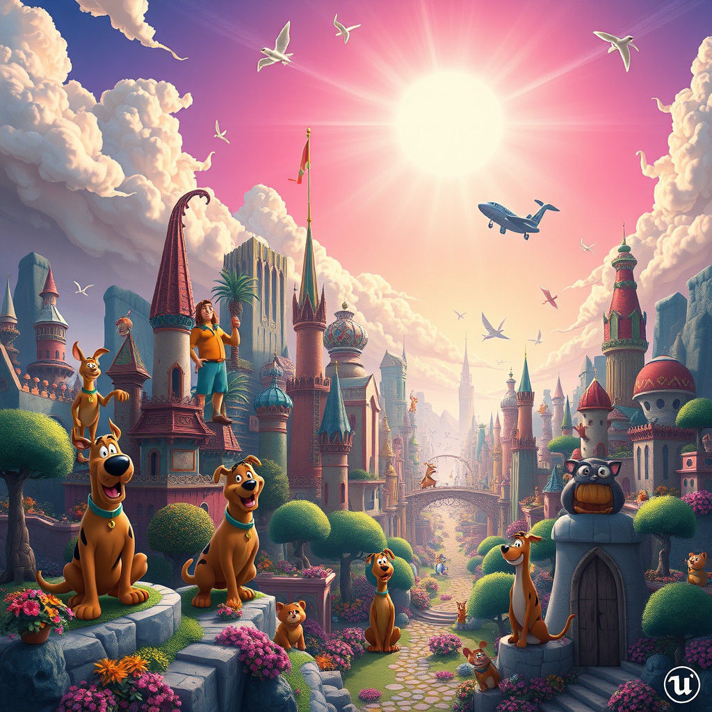 Cartoon Characters in Dreamlike Metropolis: Matte Painting