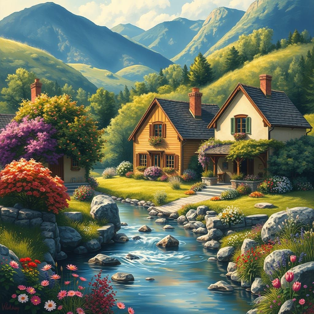 Idyllic Village Scene in Impressionist Style