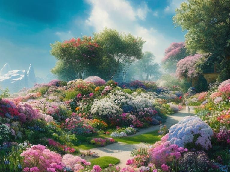 Hyperrealistic Snowy Icefield in Summer Garden