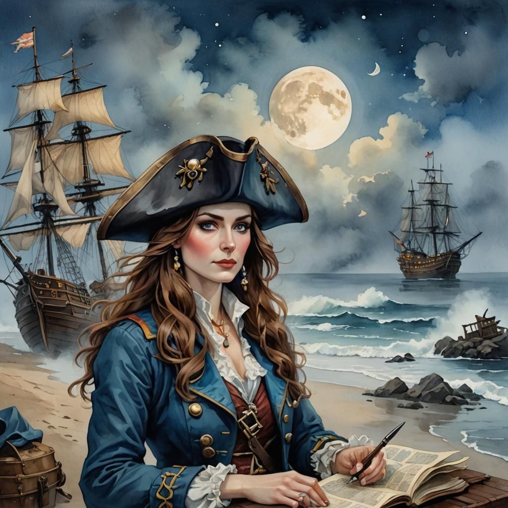 Anne Bonney Plots Shipwreck Bay: Watercolor Gouache Impasto