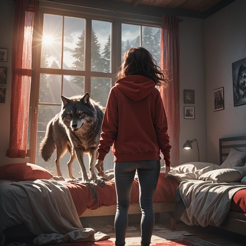 Red Hoodie Hero Battles Wolf in Comic Style