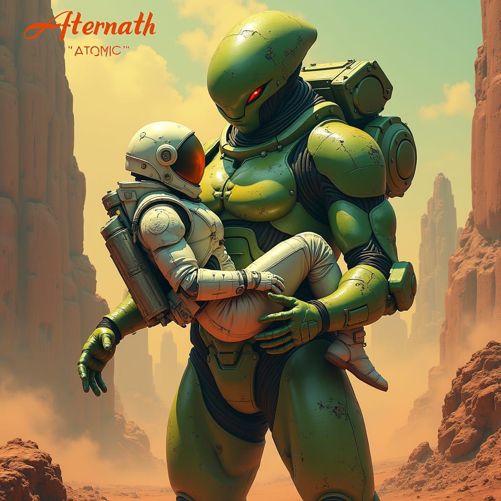 Vintage-Style Poster of a Powerful Green Alien Cradling a Ma...