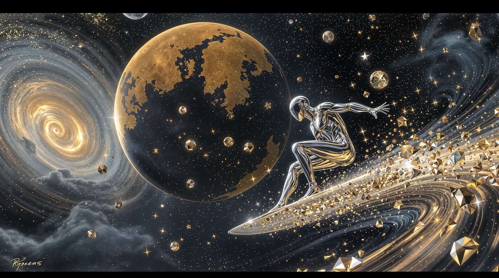 Surreal Cosmic Voyager in a Polished Metallic Aesthetic