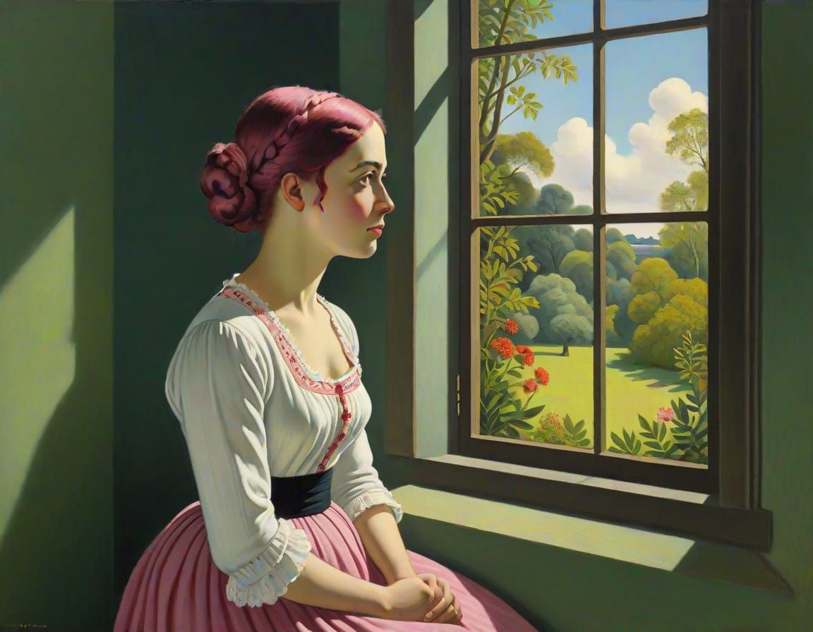 Surreal Portrait of a Slender Woman in Magenta Hair, Norman...