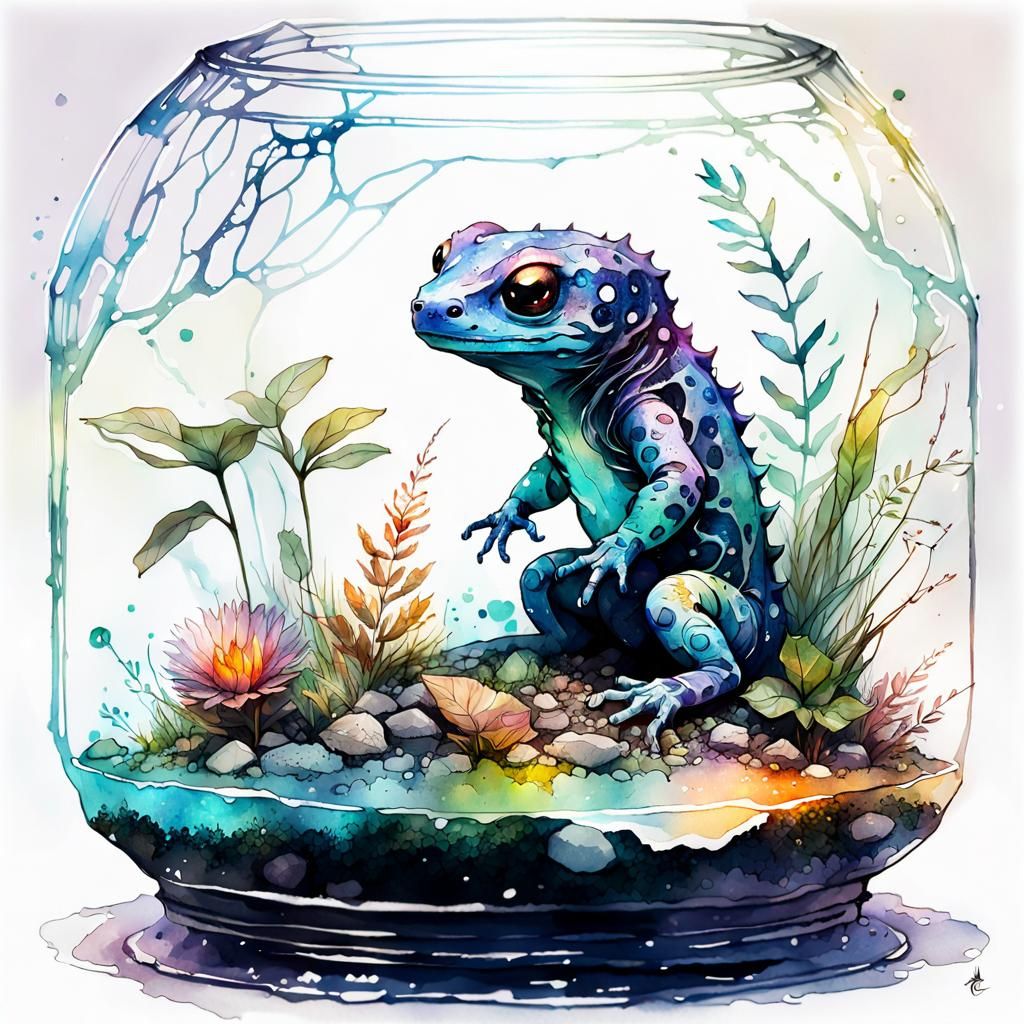 Chibi Salamander in Galaxy Terrarium: Watercolor Art
